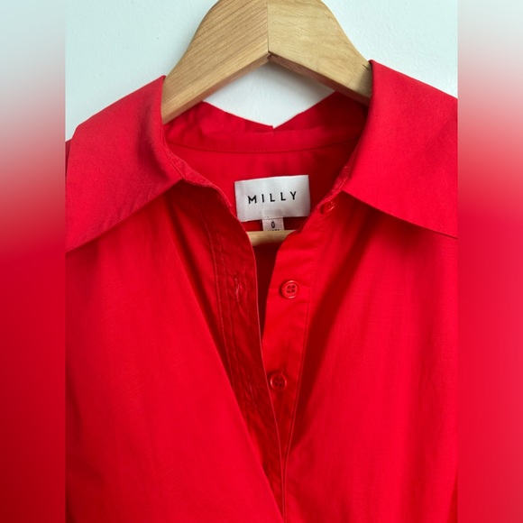 MILLY maxine poplin long sleeve mini dress in red | size 0 - Picture 3 of 8